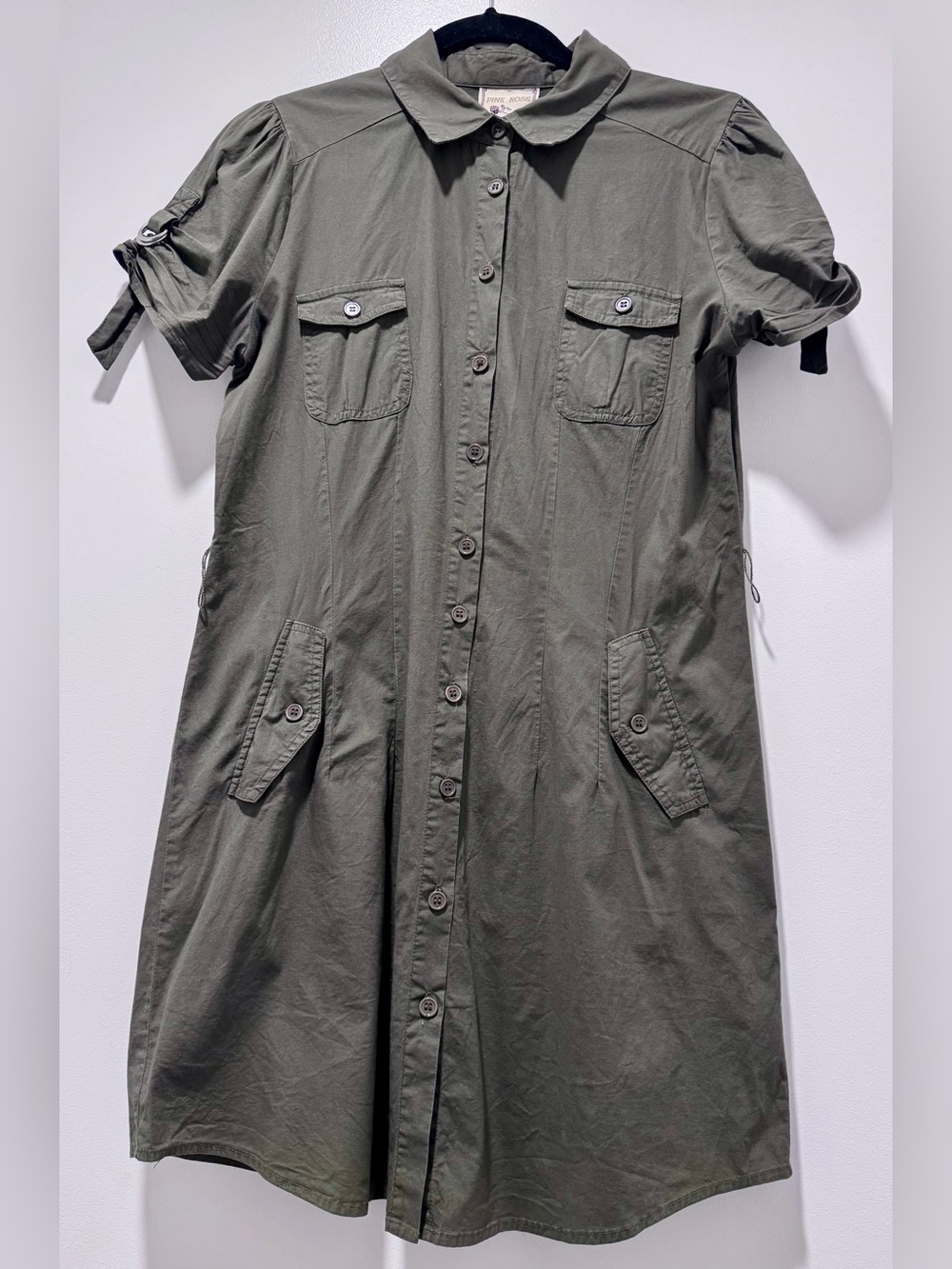 Pink Rose Olive Green Utility Shirt Dress Size M Belted Cotton Stretch